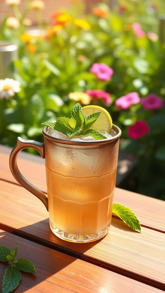 Copper mug filled with a Kentucky Mule cocktail, garnished with lime and mint on a wooden table.